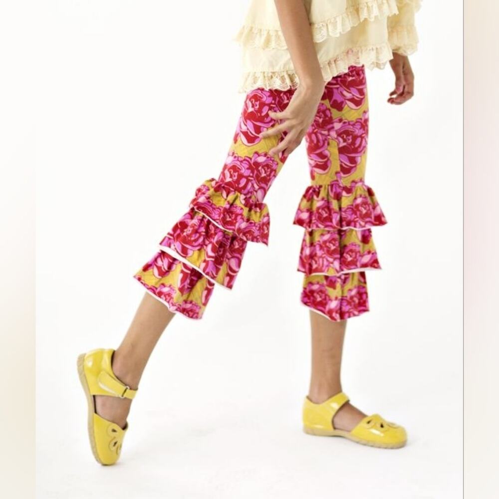 Matilda Jane Pink Yellow Floral Ruffle Bottom Leggings Girl's Size 6